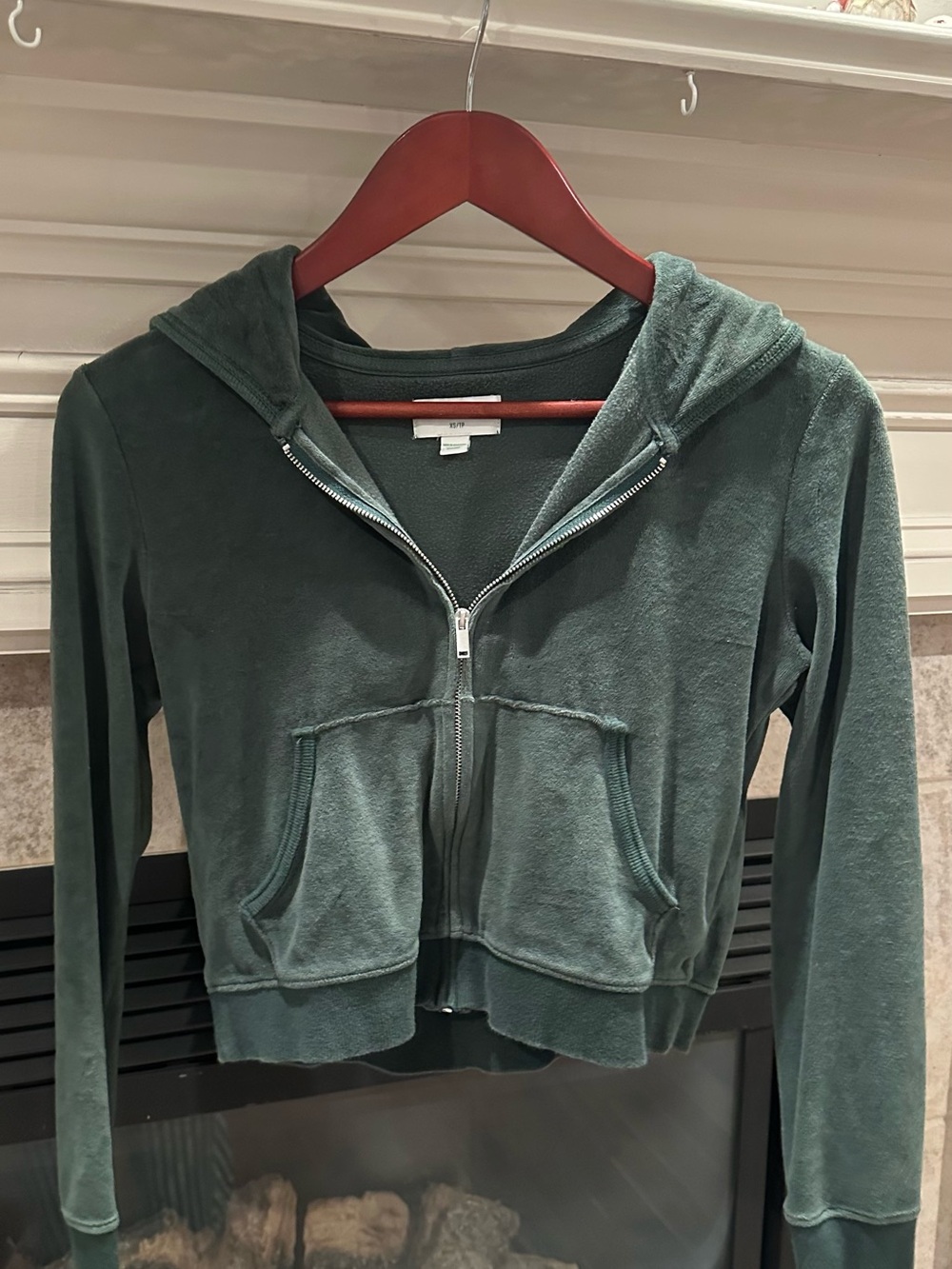 aerie Forest Green Cropped Zip-Up Teddy Hoodie
